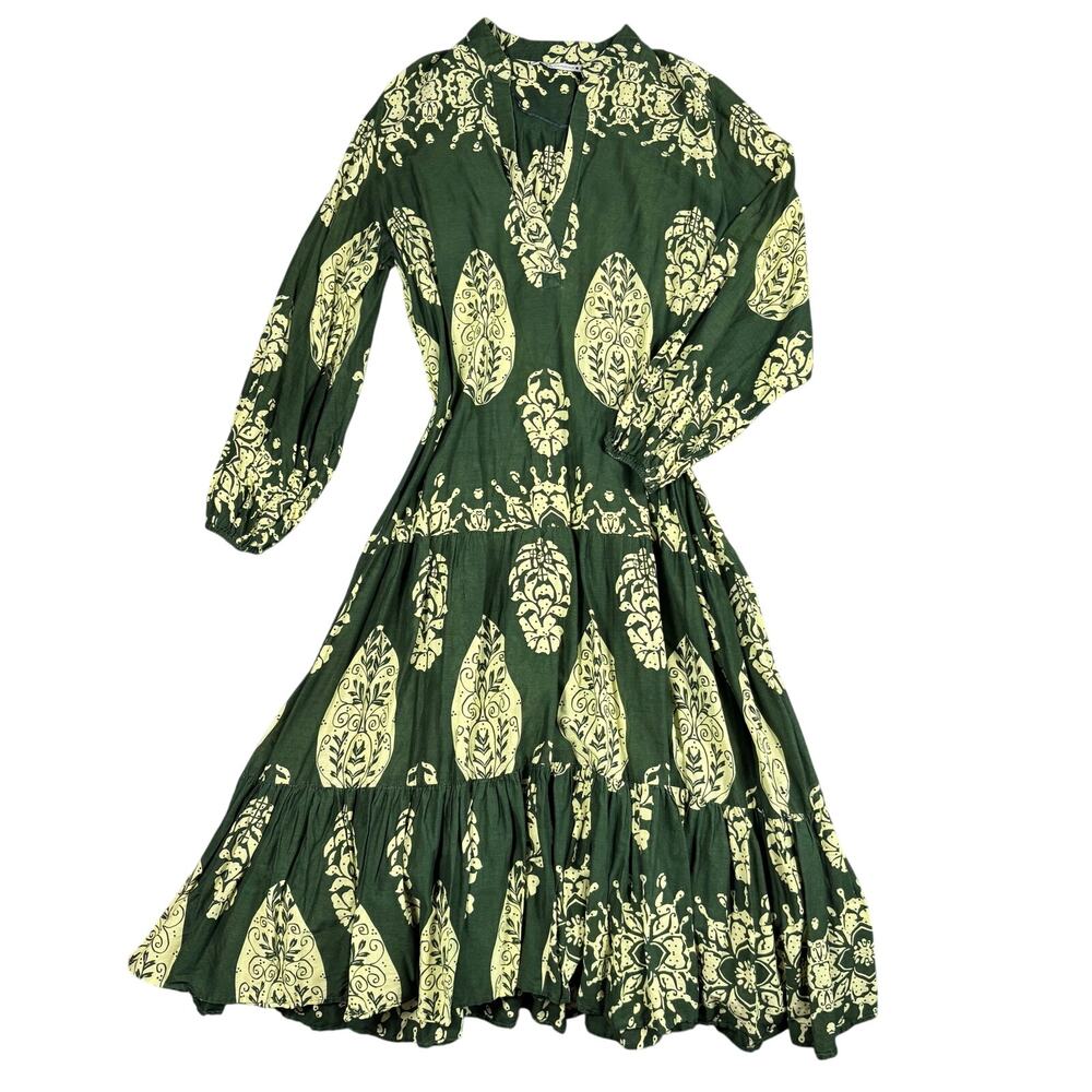 ZARA XXL Green Paisley Cotton Tiered Maxi Dress Long Sleeve Modest Cottagecore - Picture 2 of 9